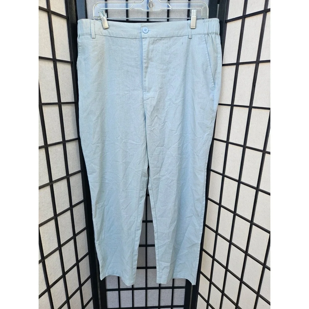 COOFANDY Men's Linen Blend Drawstring Casual Beach Pants Light Blue Size Large